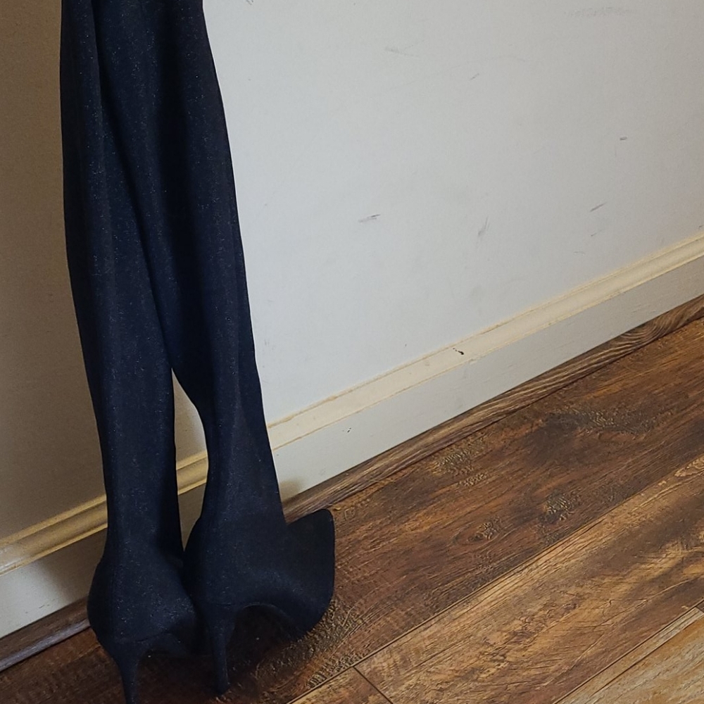 Thigh high black sparkly heels